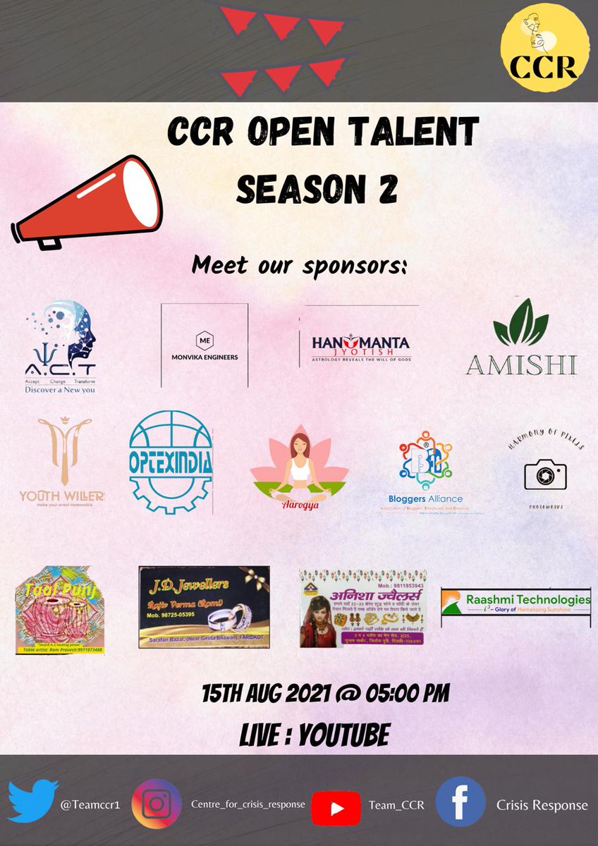 Hello people 💫

Please meet our sponsors 💫

We thanks our sponsors to make CCR Open Talent Season 2 a successful event 

Please join us in the Finale🙌

The event would be live on YouTube 

Link 🔗

youtube.com/channel/UCzMoJ…

Looking Forward 💫💫💫

#TEAMCCR #OpenTalent #YouTube