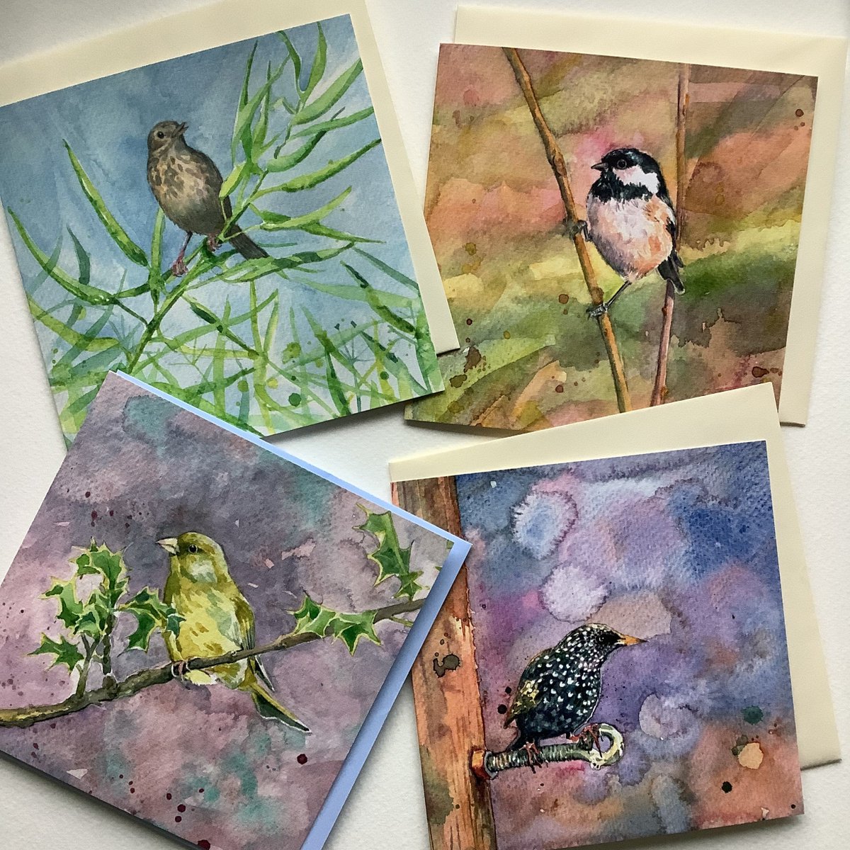Excited to share the latest addition to my #etsy shop: Selection of 4 blank greetings cards etsy.me/3iMWWHl #birdart #birdcard #watercolourart #greetingscards #lankgreetingscards #coaltit #greenfinch #starling #fscboard
