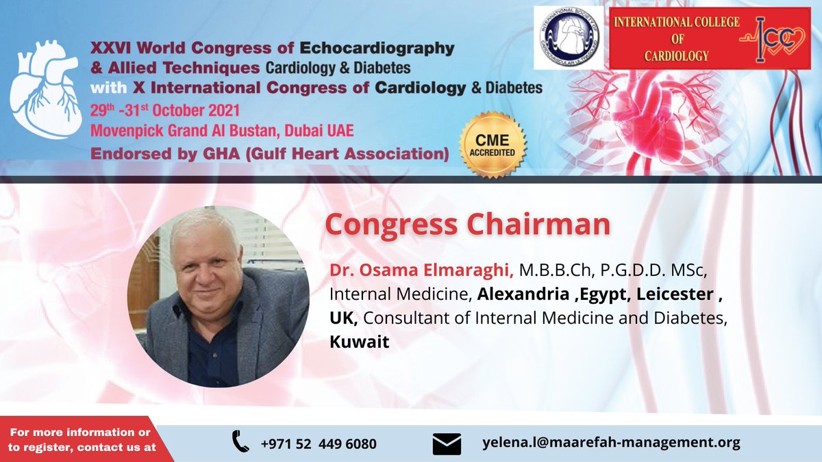 EXCardiacCare's tweet photo. Join us with our Congress Chairman - Dr. Osama Elmaraghi at the upcoming XXVI World Congress of Echocardiography &amp; Allied Techniques Cardiology &amp; Diabetes happening on 29-31 October 2021 in Dubai and virtually. Register Now: https://t.co/fGrVoGFzGu
#CME #Cardiology #worldcongress https://t.co/vfFtTnAMw0