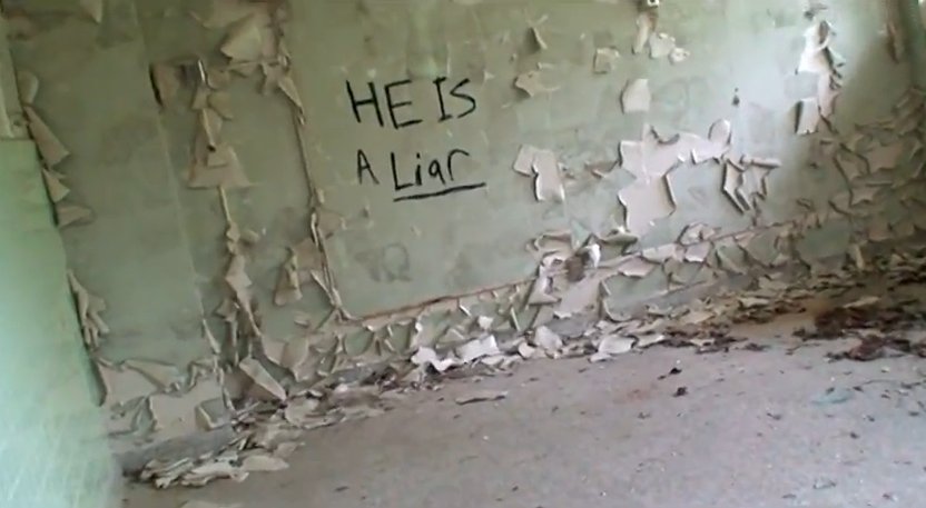 InvasiveEnigma's tweet image. As easy as it would be for The Operator to finish the girl off, he decides to teleport her to a room in a dilapidated, abandoned hospital. It was the same room where a man by the name of Jay Merrick found a message left upon one of the walls. The message read, 'He is a liar'.