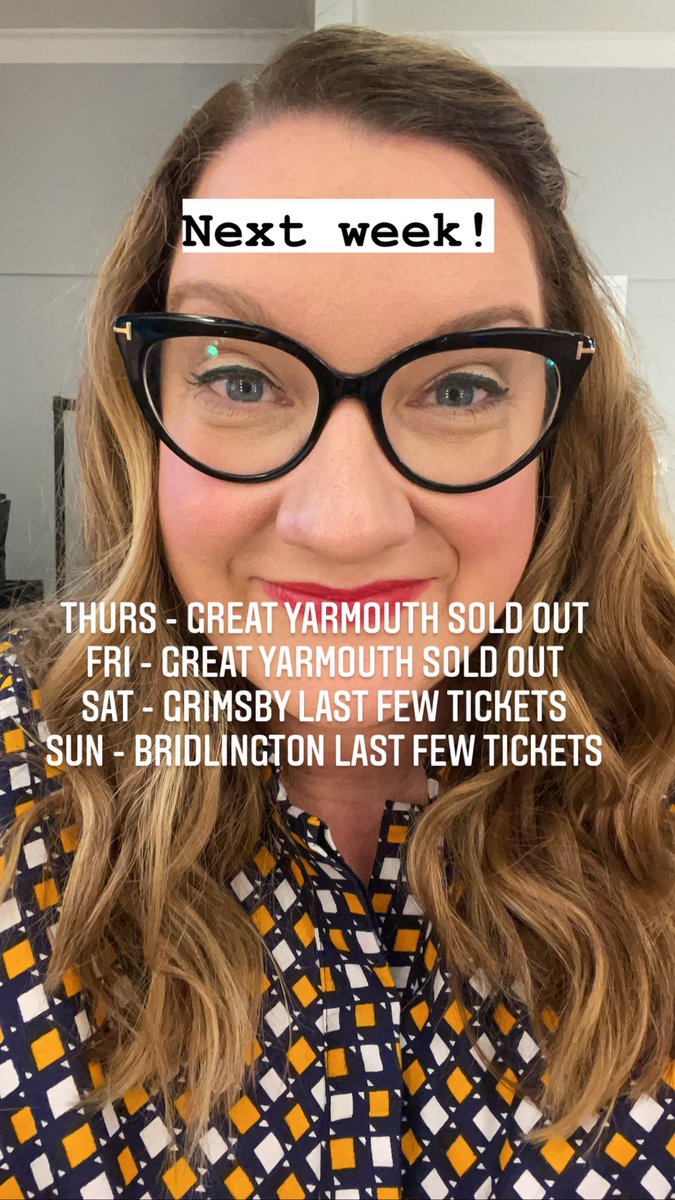 Photo description. It’s a photo of me backstage at a show. My hair is wavy and I’m wearing a blue, yellow and white checky dress and red lipstick. Across the pic are the words ‘Next week!’ And then ‘Thurs - Great Yarmouth SOLD OUT, Fri - Great Yarmouth SOLD OUT, Sat - Grimsby Last few tickets
Sun - Bridlington Last few tickets’