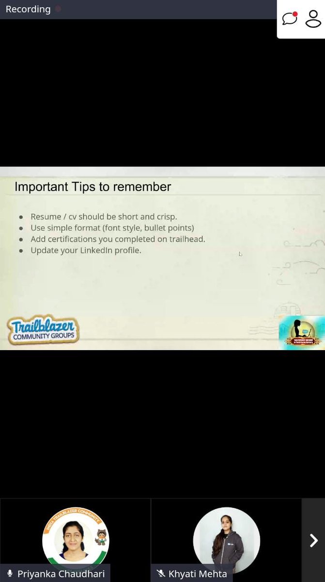 Thank you <a href="/Priyanka_sfdc/">PRIYANKA CHAUDHARI 🇮🇳</a>  for explaining how to prepare a proper resume and for giving good number of tips....
<a href="/witkolkata/">Salesforce Women In Tech Group,Kolkata</a> 
#redoundforce: Journey from a Student To Salesforce Professional
@Khyati__Mehta 
<a href="/LounganiPayal/">Payal #MC²</a> 
<a href="/Sai_CGLsklm/">Sai Krishna Sastry Kumara</a>