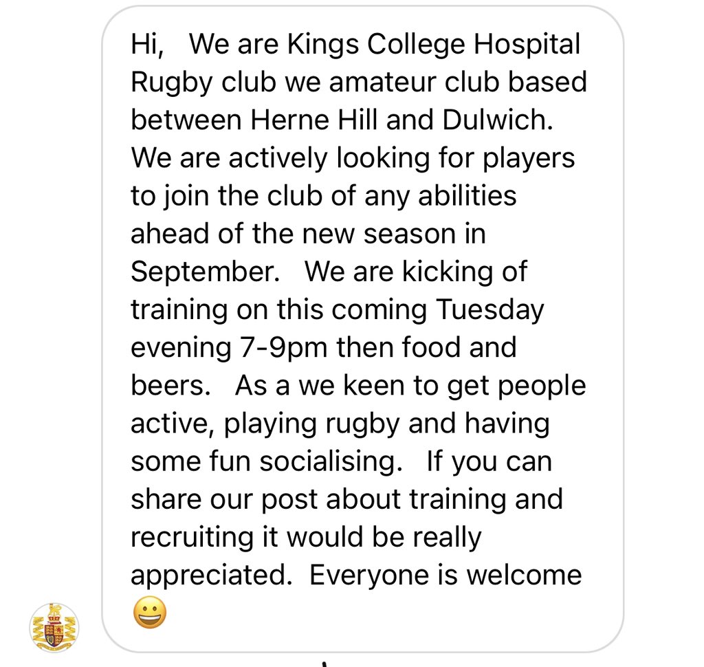 If anybody fancies playing a bit of rugby <a href="/KCH_Rugby/">KCHRFC Rugby</a> pass it on