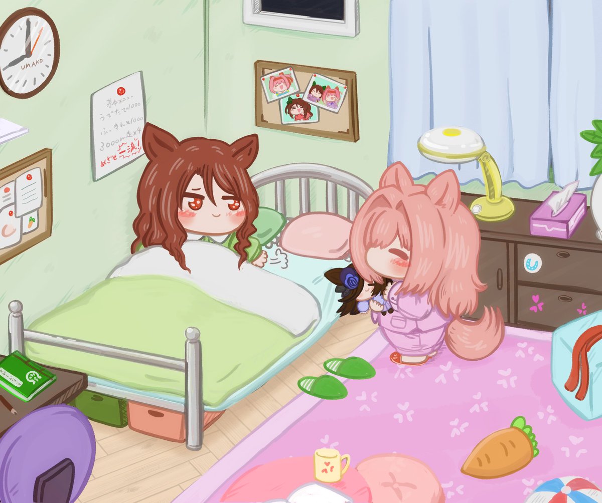 haru urara (umamusume) ,rice shower (umamusume) clock multiple girls animal ears horse ears alarm clock pink hair zzz  illustration images