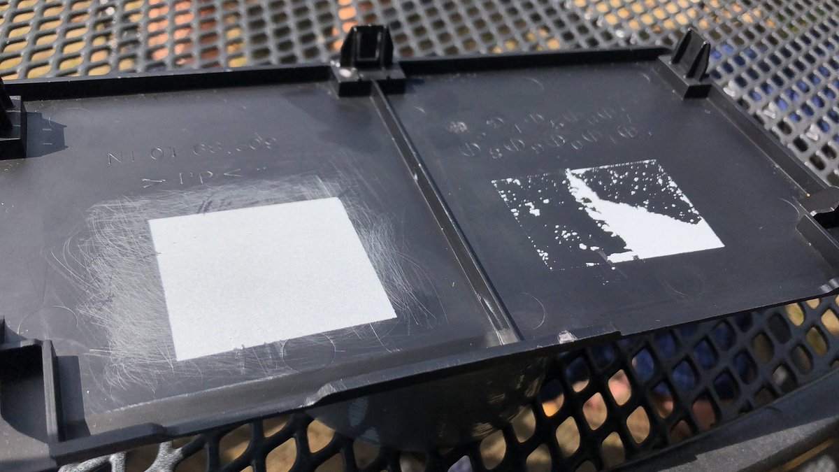tim_wiegerinck's tweet photo. Polypropylene plastic is about the worst plastic you can have for repaint. Right = not sanded, left = sanded before paint. DuctTape was used to test adherence. Only option now probably, is sanding all paint surfaces very lightly. #mazda #mx5 #soundbar #windblocker https://t.co/5tZpSdyD9o