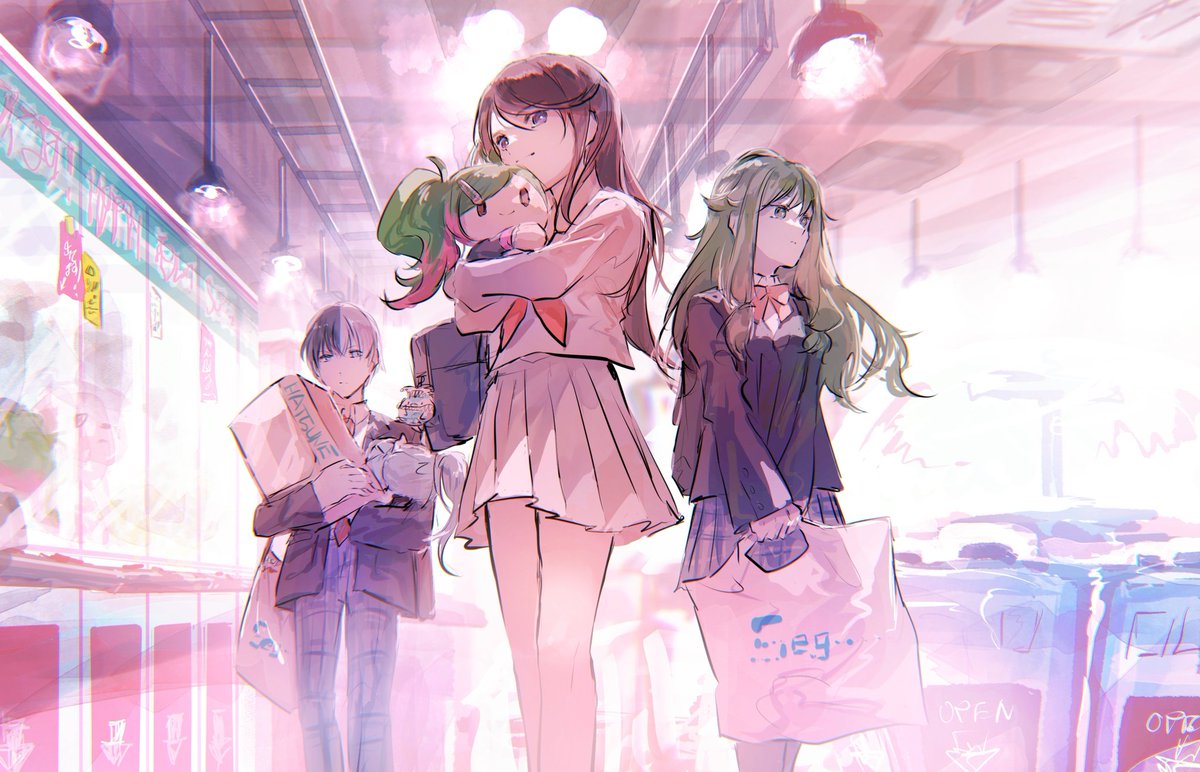 multiple girls school uniform long hair skirt green hair bag jacket  illustration images