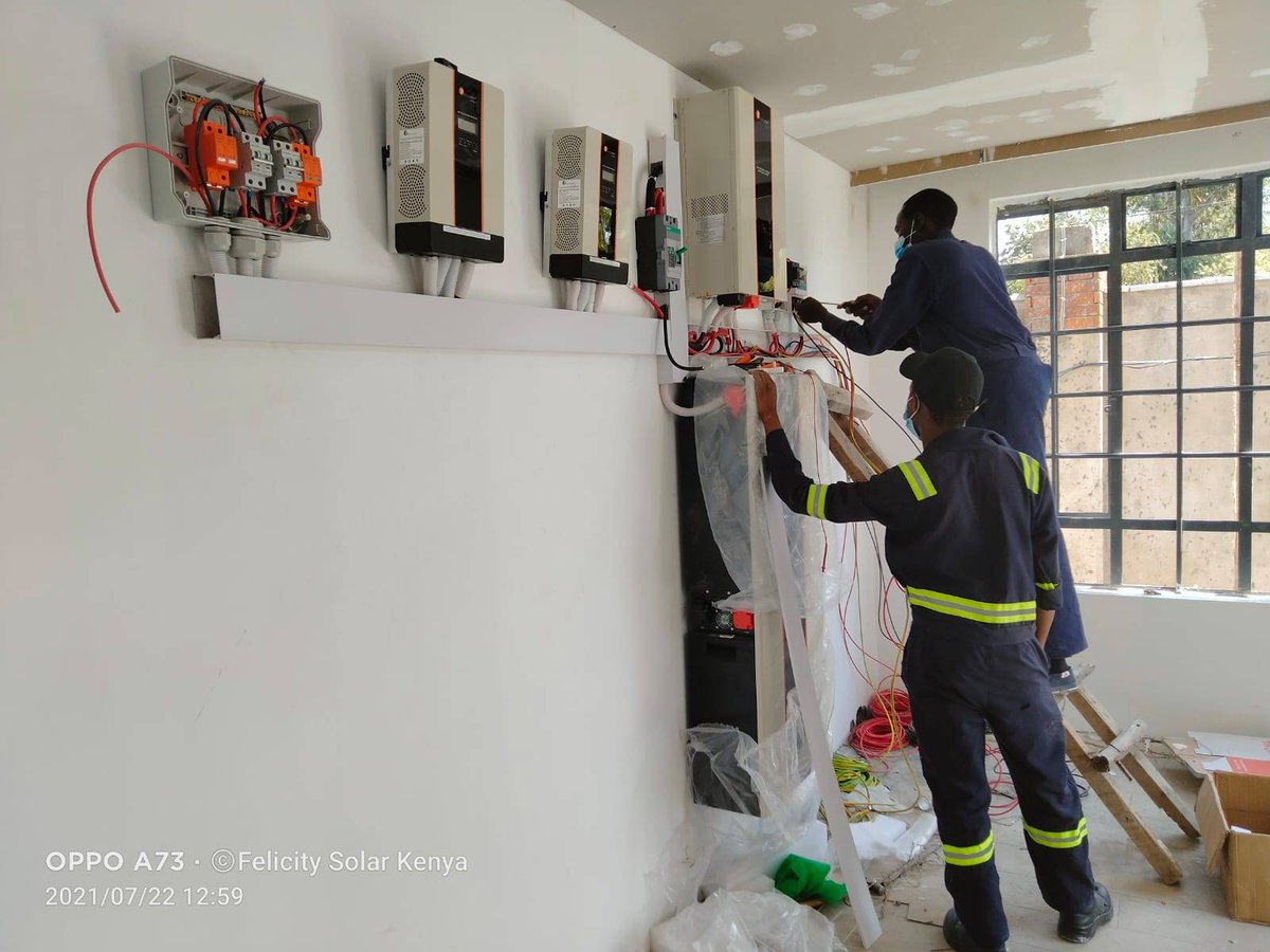 FelicitysolarKE's tweet photo. Despite the cold weather, our crews are diligently working on our Felicity Solar arrays at Simba Apartments Mombasa today. Looking forward to seeing these fully commissioned. 😍
#SolarPanels
#MPPTController
#PureSineWaveInverters
#LithiumBatteries
#SolarSystemInstallation https://t.co/CSmyHZAIji