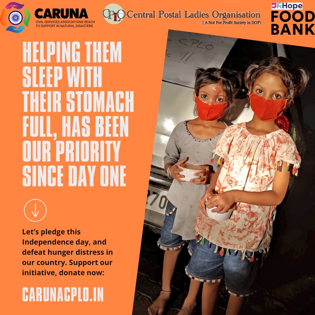 Happy Independence Day to you all! 🇮🇳
This Independence let’s free our fellow citizens from hunger. If you wish to contribute, go to carunacplo.in #IndependenceDay #ChakDeIndia #carunacplo #hungerhelpline #FeedTheNeedy #IndiaAt75  <a href="/janman_org/">JANMAN PEOPLE'S FOUNDATION</a> <a href="/CarunaCplo/">CARUNA CPLO Helpline</a> <a href="/urhope_in/">URHope</a>