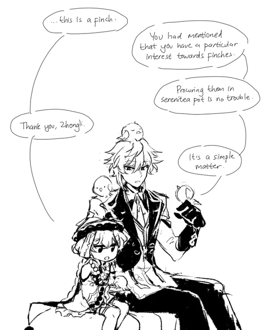 How Qiqi interacts with members of my main team!

Qiqi canonically loves finches so Zhongli makes sure his sereniteapot has them, Xiao will remember things she can't always remember, and Qiqi only remember important things (like making sure her family is home safe) 