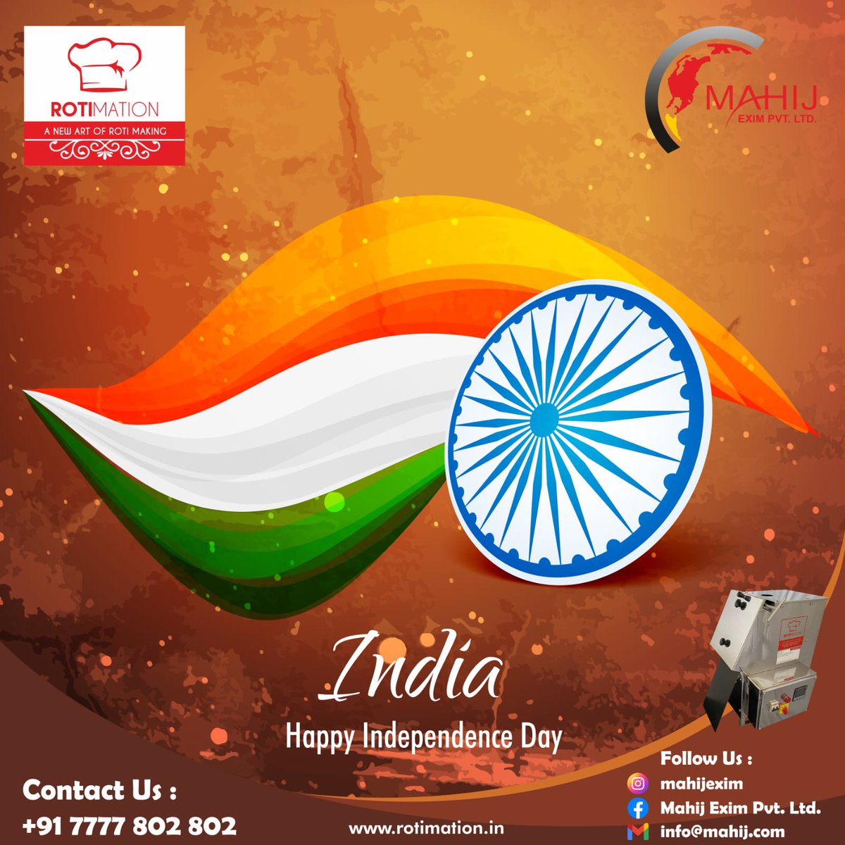 mahijexim's tweet image. Happy Independence Day

 #Rotimation #rotimaker #chapatimakingmachine #smallrotimaker