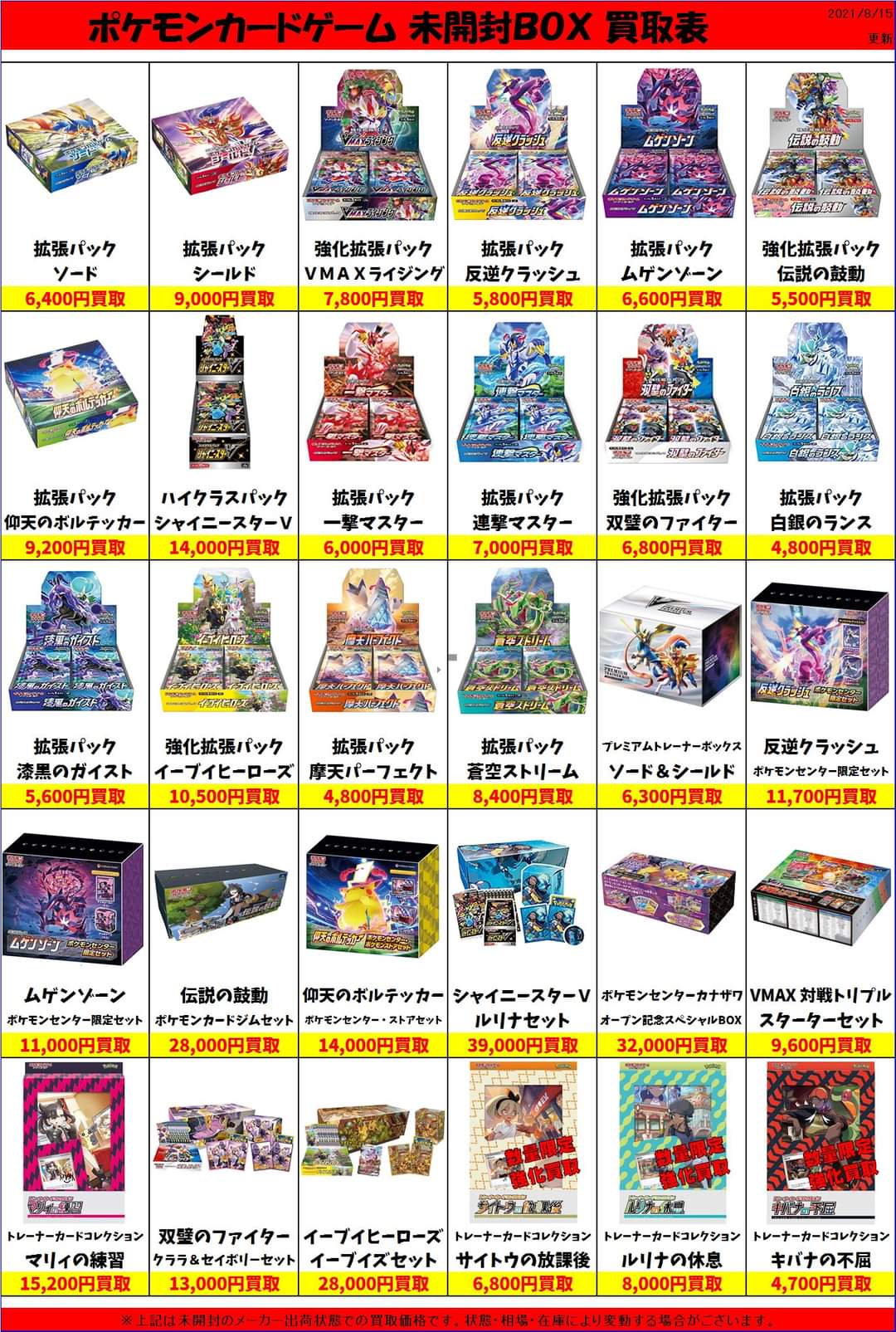 宇都宮鑑定団江曽島店 本日 大量に買取成立しましたので ポケモンカードゲームの未開封ボックス買取価格一覧 変更となります まだまだ お持ち込みお待ちしています ゞ ポケカ 買取 未開封 T Co I3kiv7hge4 Twitter