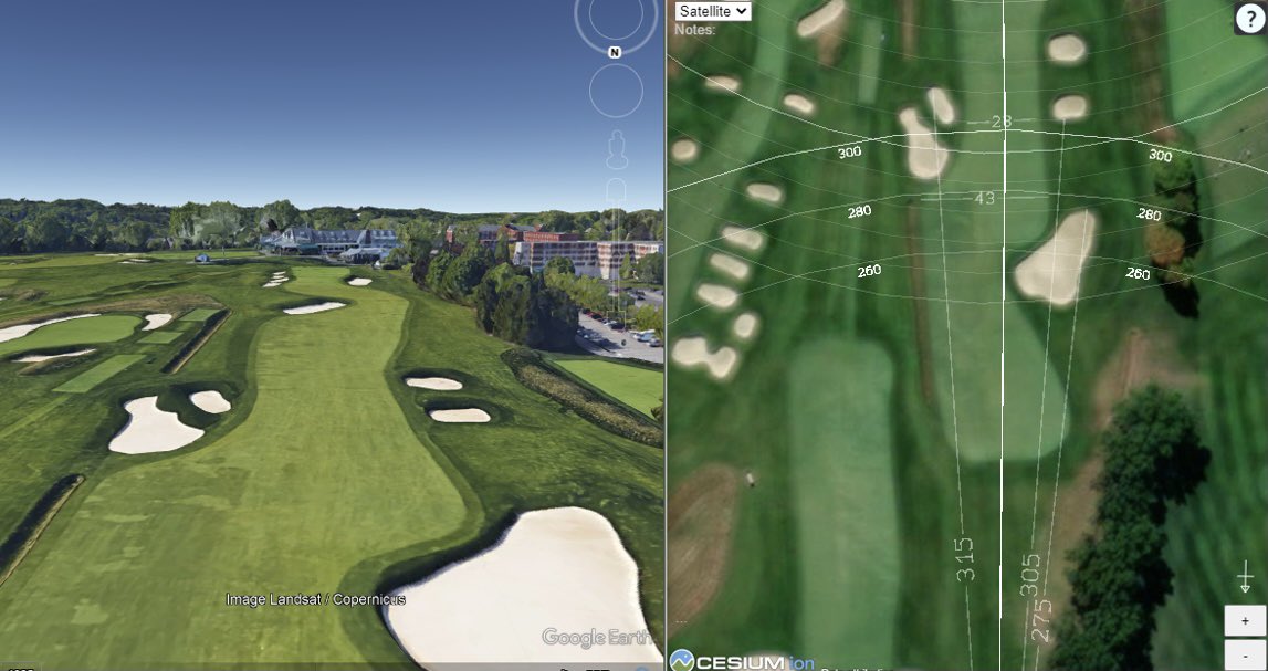 ProVisualizer's tweet image. Final round of the US Amateur today at Oakmont. So many of those landing areas are under 30 yards which makes it very demanding. Did you know you can integrate @provisualizergolf with Google earth to get your mapping and real world view side by side in the touch of a button.