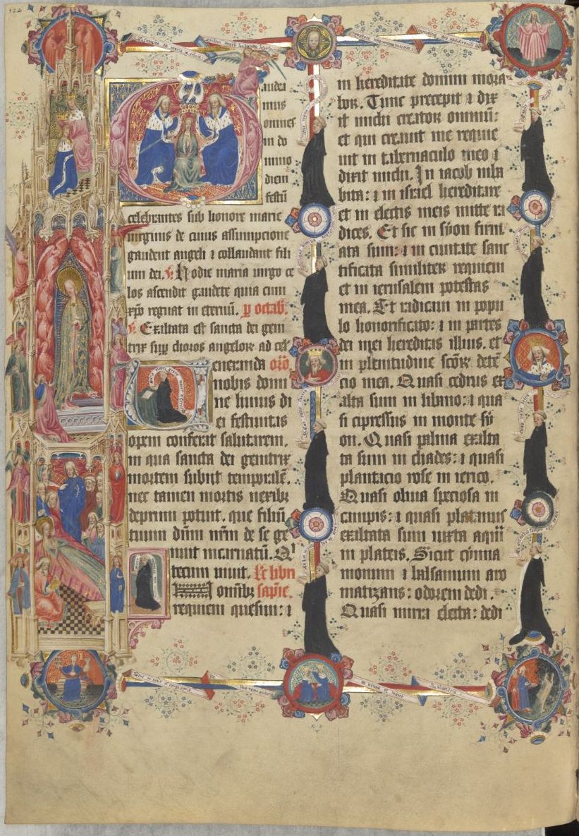 15 August is the feast of the Assumption of the Virgin, celebrating Mary's entry into heaven at the end of her earthly life. 

The page for Assumption Day is one of the finest in the Sherborne Missal, made for the benedictine abbey of St Mary the Virgin, Sherborne, c. 1400 🧵 /1