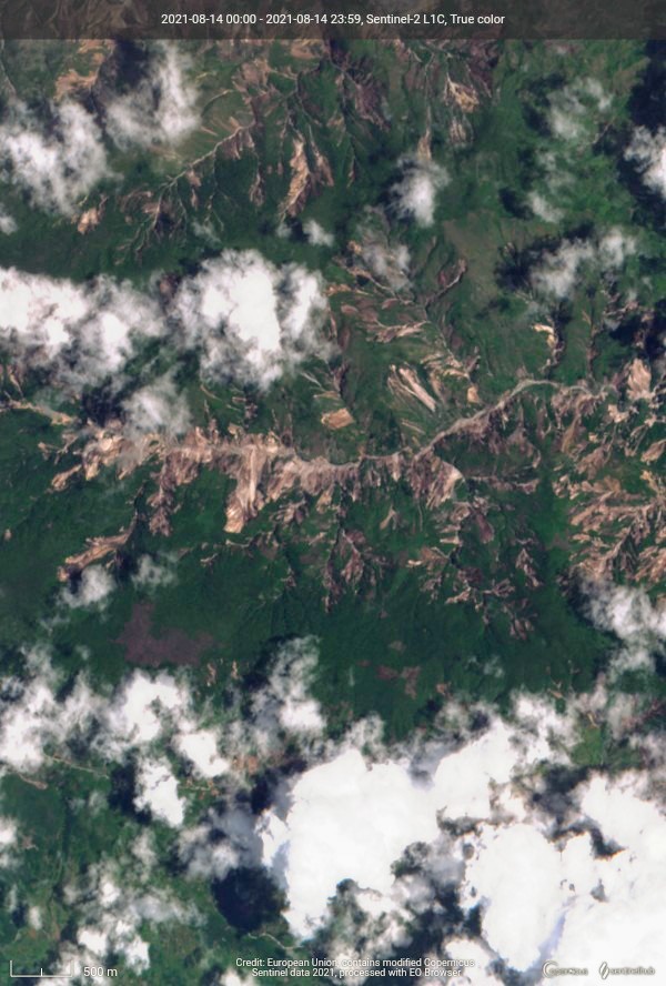 Copernicus #Sentinel2 imagery reveals extensive #landslides near the fault rupture of yesterday's M7.2 #earthquake in western #Haiti. Comparison with previous (Aug 9) image.