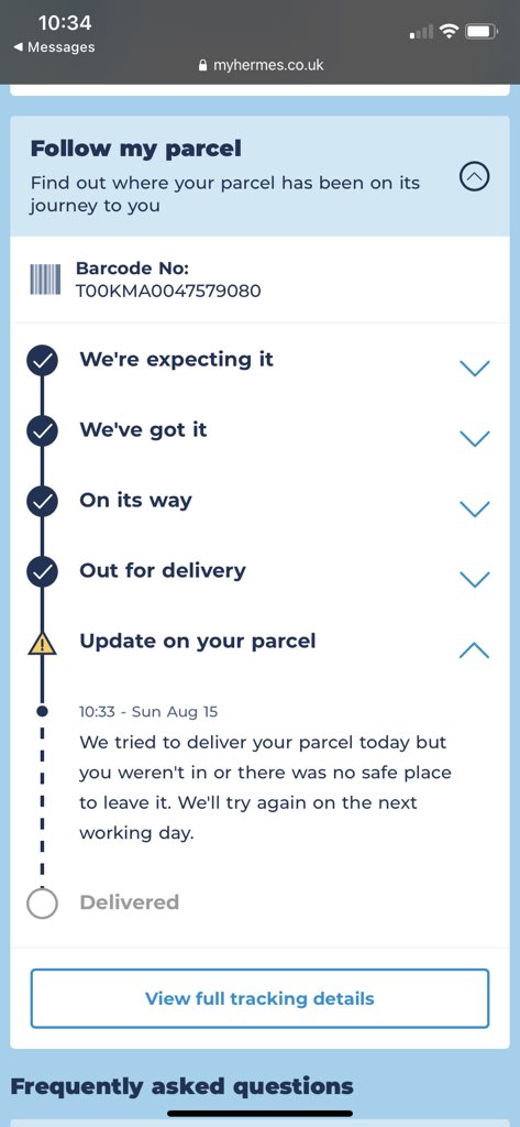 schmellon's tweet photo. @hermesparcels

No, delivery has NOT been attempted. Been sitting here waiting for this birthday gift FOR TODAY (the reason I used next day delivery) and now thanks to you I won’t be able to gift it. https://t.co/YrtT1mQUaO