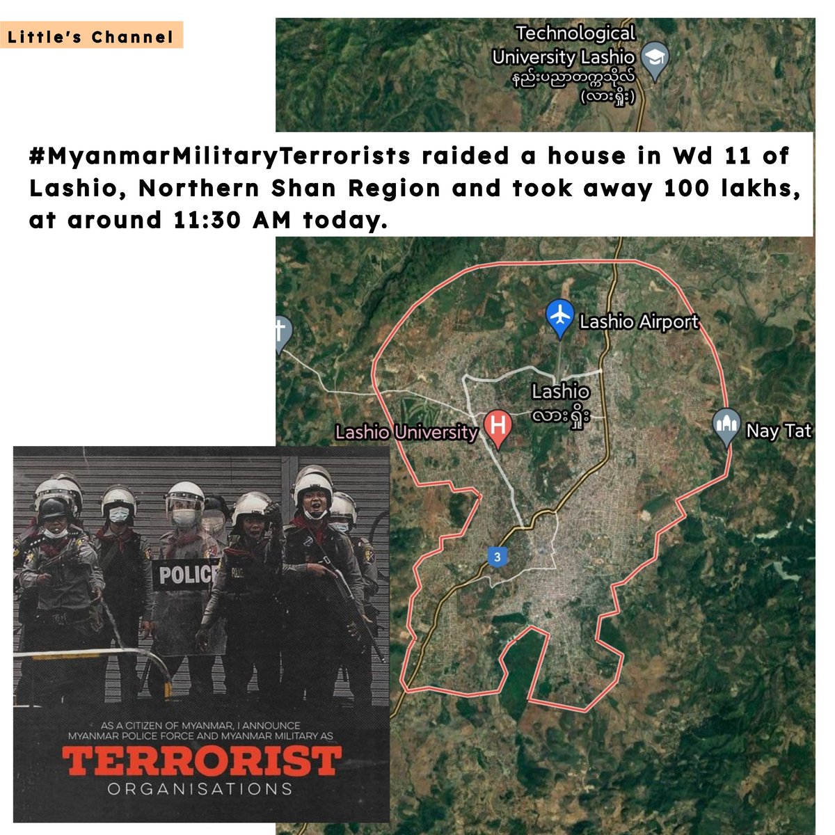#MyanmarMilitaryTerrorists raided a house in Wd 11 of Lashio, Northern Shan Region and took away 100 lakhs, at around 11:30 AM today.  #Aug15Coup #CrimesAgainstHumanity #WhatsHappeningInMyanmar