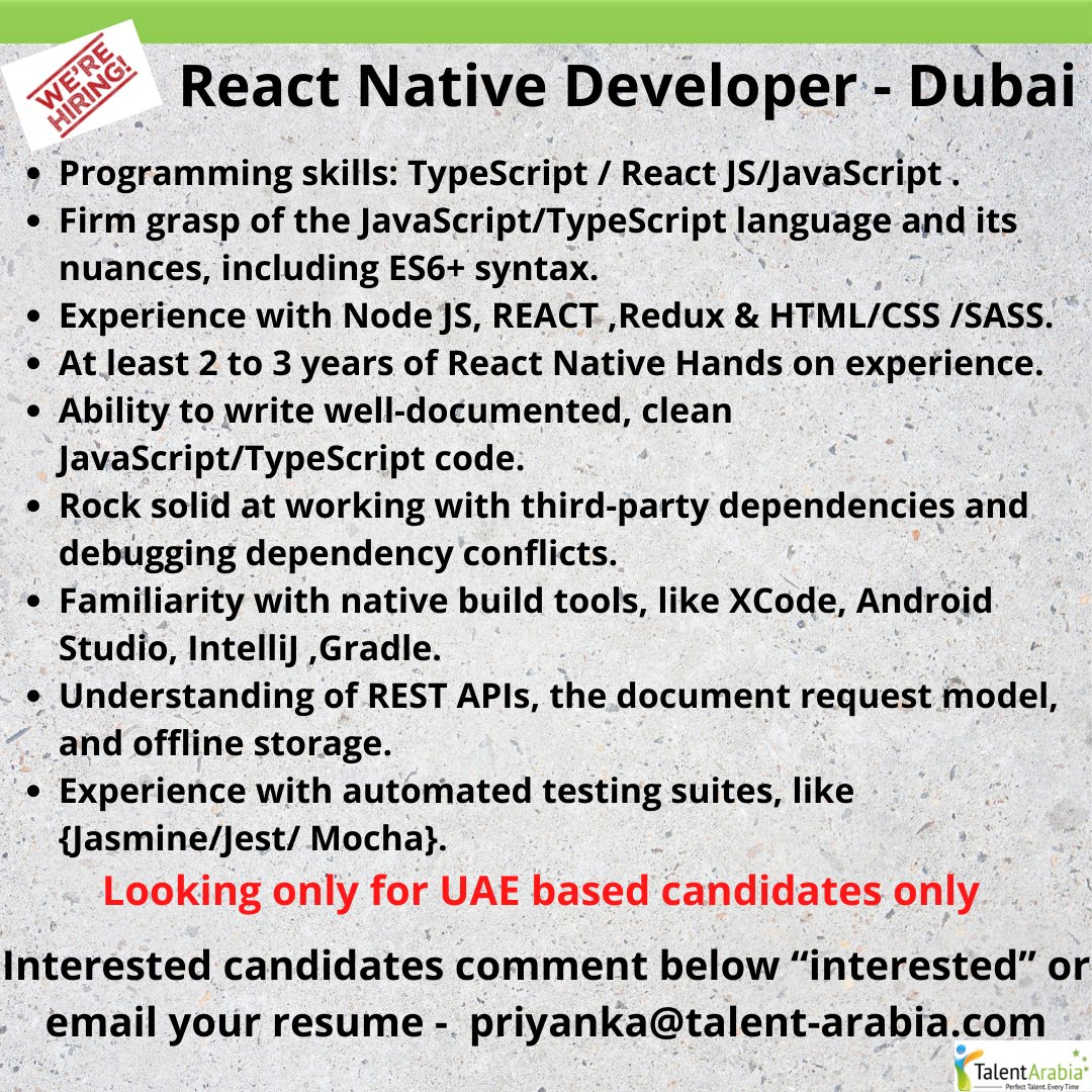 TalentArabia's tweet photo. #immediatehiring for React Native Developer with our client in Dubai,UAE

Please share resume https://t.co/sBgbQCWocs
OR priyanka@talent-arabia.com

#talentarabia #perfecttalenteverytime #reactnativejs #typescript #reactjs #javascript #redux #html #css #saas #restapi https://t.co/zxC46wMN18