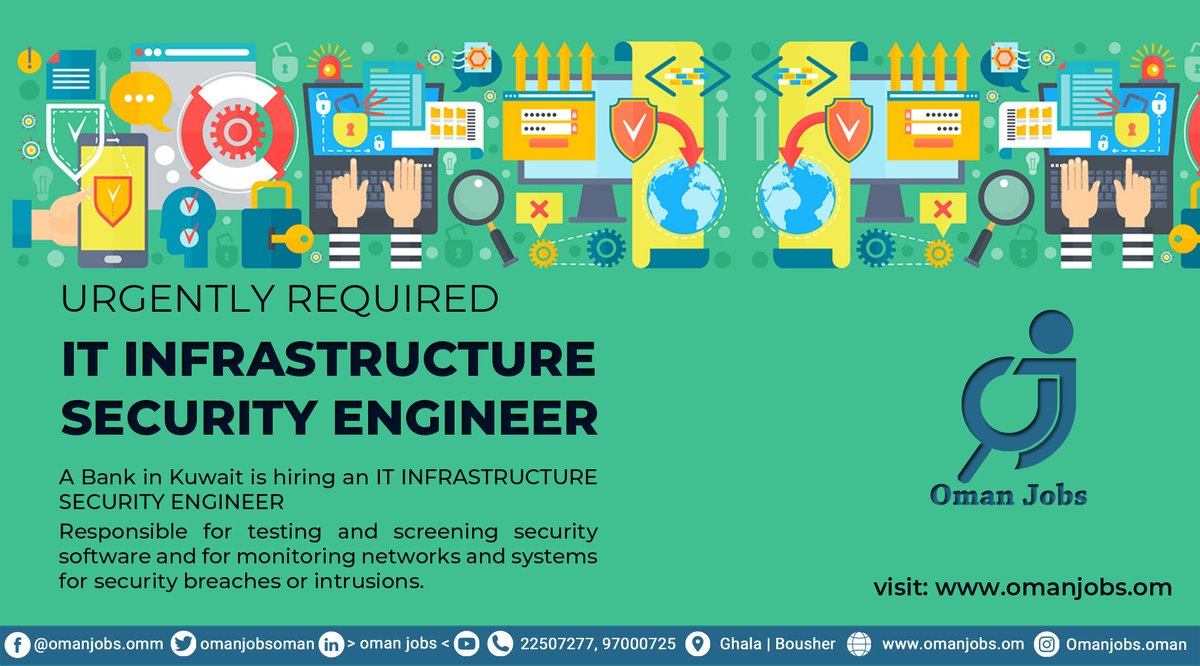WavesMuscat's tweet photo. We are hiring IT INFRASTRUCTURE SECURITY  
ENGINEER for our client, our client is running a company in Kuwait.
apply to Job ( https://t.co/7EwGcvQfS1 )
#omanjobs #muscatjobs #nowhiring #jobsinoman #hiring #recruitment #informationtechnology #technology #it #cybersecurity #tech https://t.co/oa45Na0WnZ