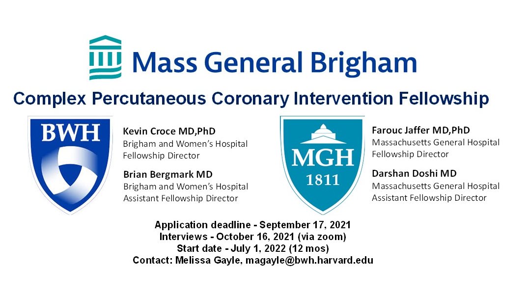 Kevin Croce MD, PhD (@kevinjamescroce) on Twitter photo Applications are open for the Mass General Brigham Integrated Complex PCI fellowship now in its third year. Applicants- please forward CV, personal statement, and 2 recommendation letters to Melissa Gayle (magayle@bwh.harvard.edu). The application deadline is September 17th. Applications are open for the Mass General Brigham Integrated Complex PCI fellowship now in its third year. Applicants- please forward CV, personal statement, and 2 recommendation letters to Melissa Gayle (magayle@bwh.harvard.edu). The application deadline is September 17th.
