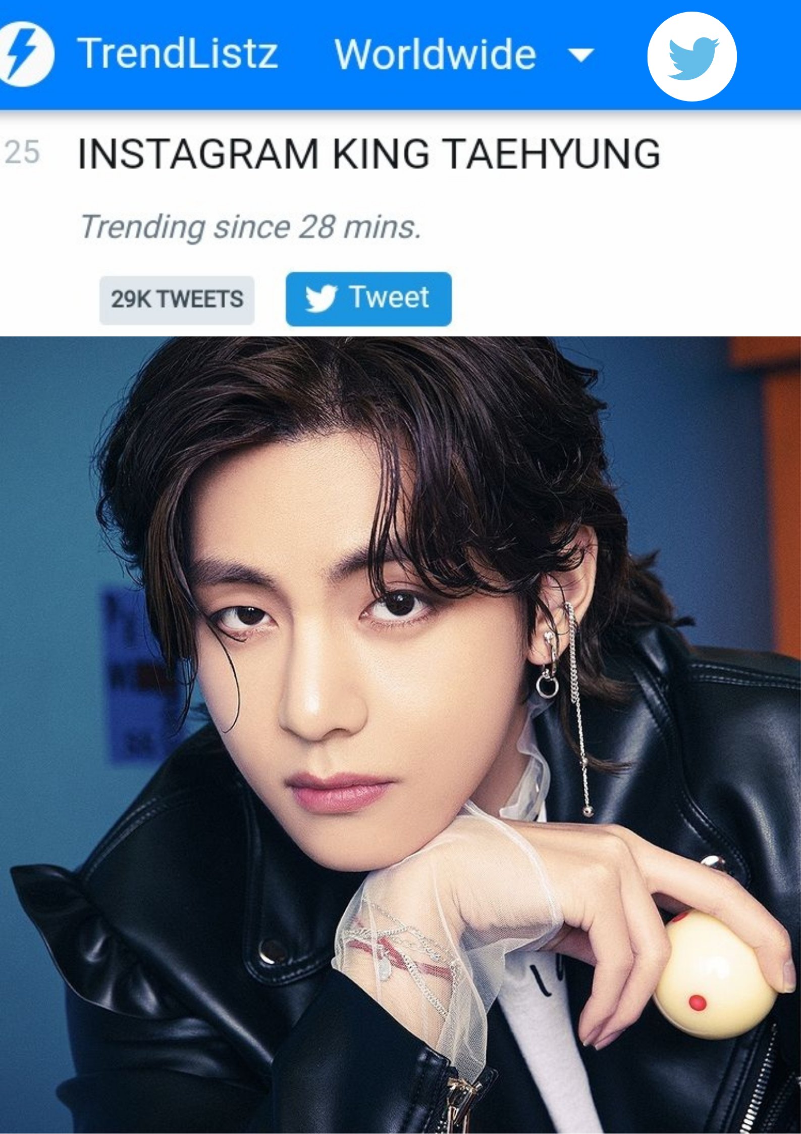 Taehyung India FB  Fri(end)sˡᵒᶜᵏᵈᵒʷⁿ •◡• on X: [ WORLDWIDE TRENDS 🌎]  INSTAGRAM KING TAEHYUNG at #25 Despite not having a personal account, Kim  Taehyung is making records on INSTAGRAM. 🔥🔥 That's