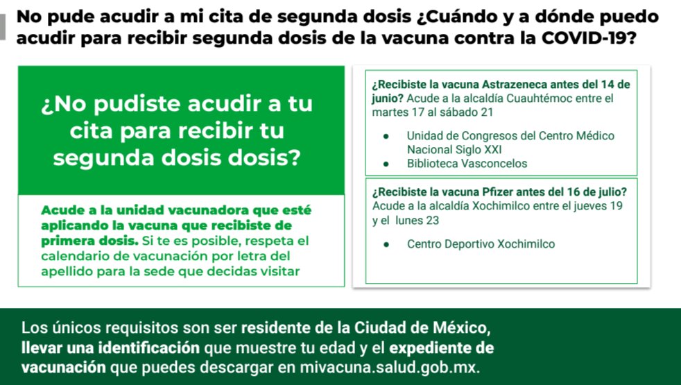 SSaludCdMx's tweet photo. 🌐Rezagados de la segunda vacuna AstraZeneca cuya primera dosis la hayan recibido antes del 14 de junio en la CDMX.

Pueden acudir del 17 al 21 de agosto a Biblioteca Vasconcelos o Centro Médico Siglo XXI. (1/3) https://t.co/5faGE3oIee