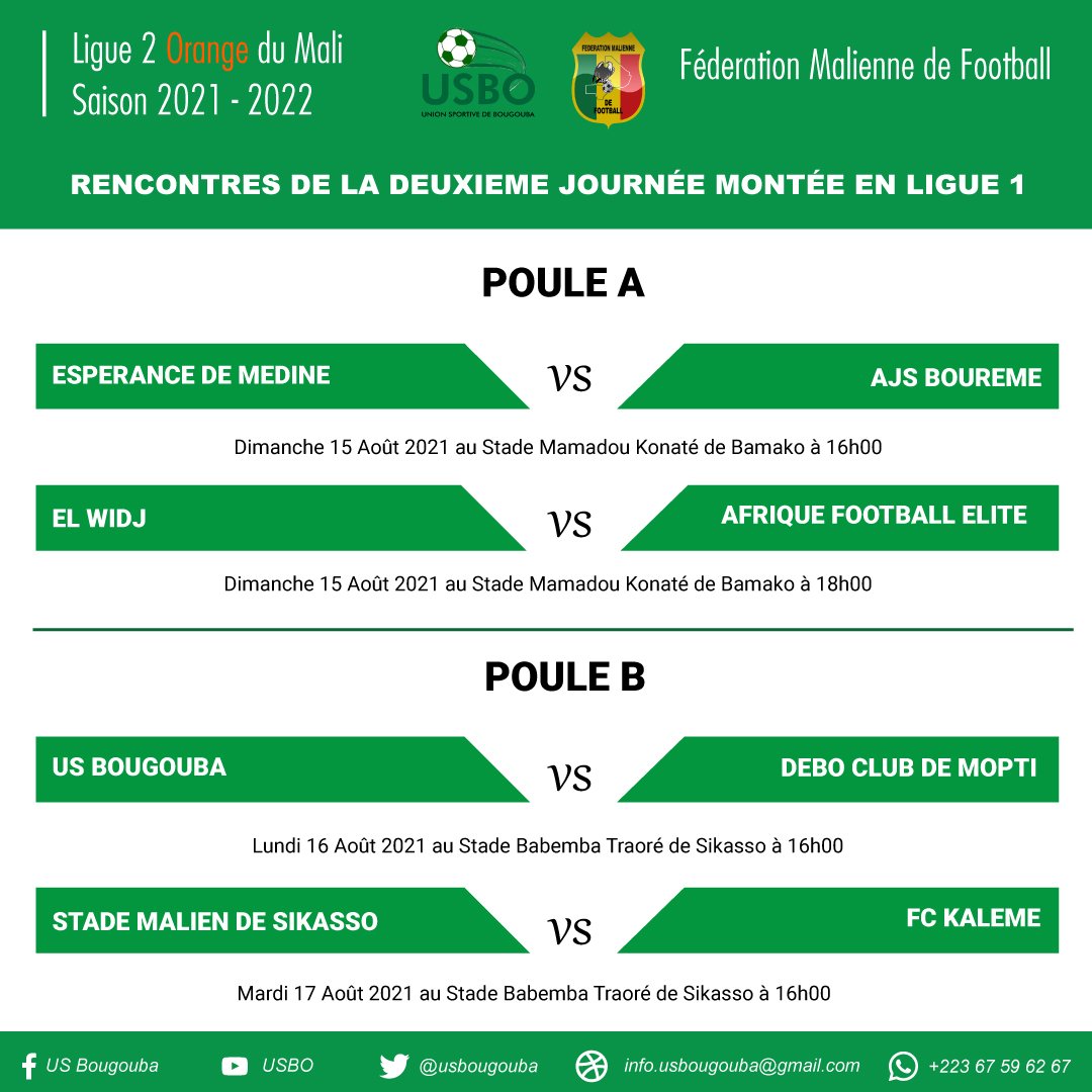 USBougouba_USBO's tweet photo. Programme de la 2 ème journée montée en ligue 1 poule A et B 
Que le meilleur gagne 
@BavieuxToure
@BrigitteVisuel1 https://t.co/uTSGgctGyb