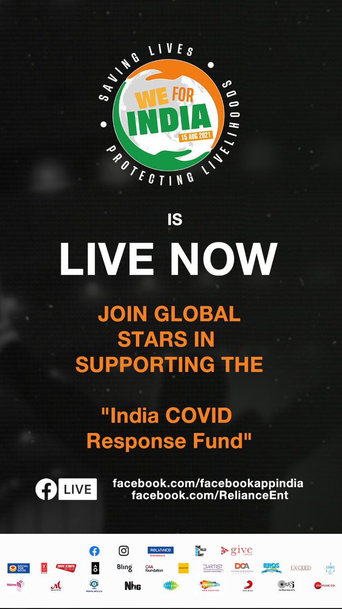 It’s LIVE now! 

Join Global stars in supporting the “India COVID Response Fund”.

Watch: bit.ly/WeForIndia_Liv…

#WeForIndia @GiveIndia @RelianceEnt @Shibasishsarkar @The_WorldWeWant #SocialForGood @WeForIndiaOffl