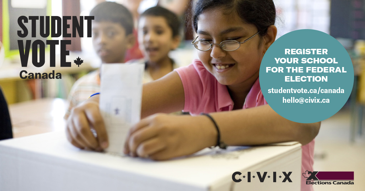 🚨The federal election is underway! CIVIX is working with @ElectionsCan_E to offer #StudentVoteCanada to schools across 🇨🇦. Registered schools receive free learning resources and election supplies. 🗳️ Sign up today ➡️ studentvote.ca/canada/ #cdned #cdnpoli #elxn44