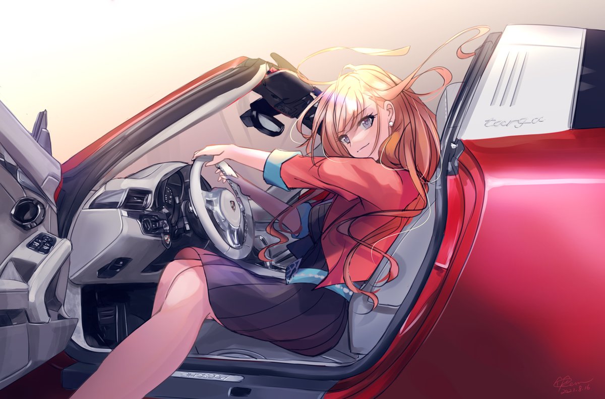 1girl steering wheel motor vehicle long hair ground vehicle solo skirt  illustration images