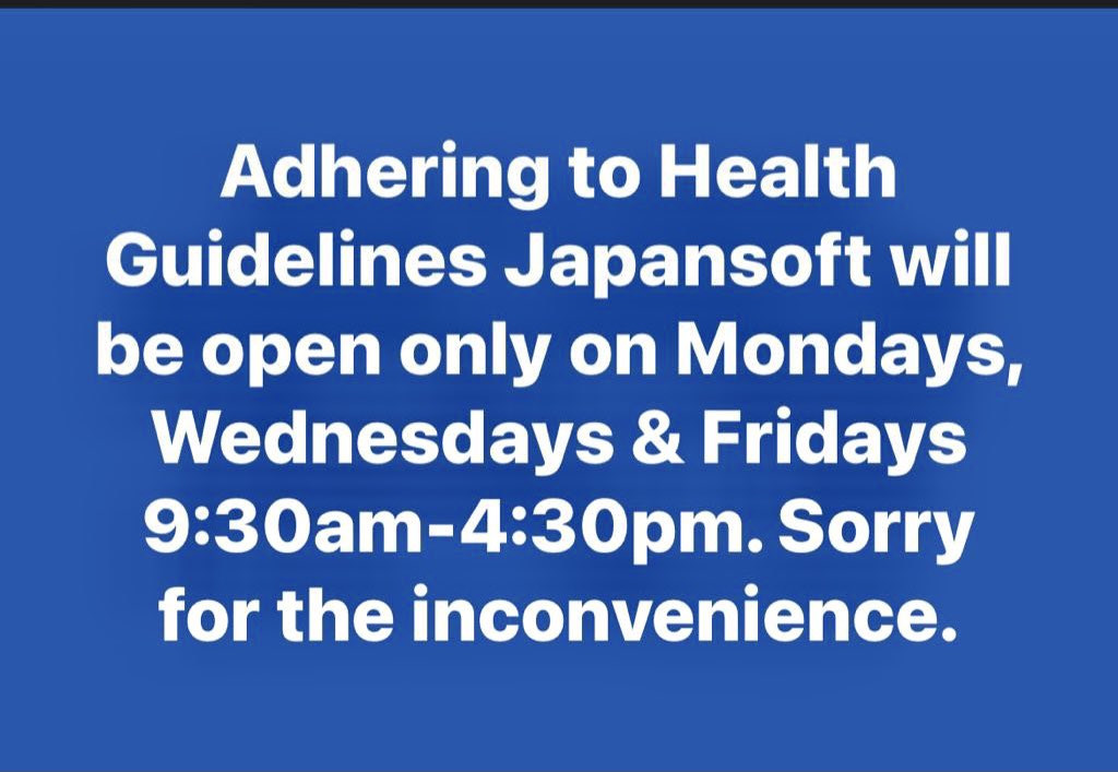 japansoft's tweet image. Adhering to Health Guidelines Japansoft will be open only on Mondays, Wednesdays &amp;amp; Fridays 9:30am-4:30pm. Sorry for the inconvenience.