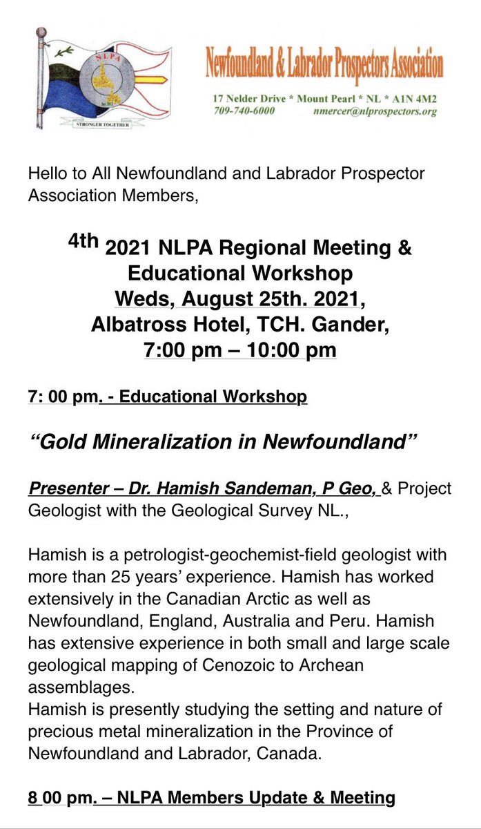 AmandaCMcCallum's tweet photo. 📣Newfoundland and Labrador Prospector Association Regional Meeting &amp; Educational Workshop
August 25th, 7-9 pm 
Albatross Hotel, Gander by Geological Survey NL Geologist Dr. Hamish Sandeman. 
#Gold #GoldNL #Mineralization #GSNL #ProspectingNL #ExploreNL #DiscoverNL #InvestNL https://t.co/XSTY1GyN3p