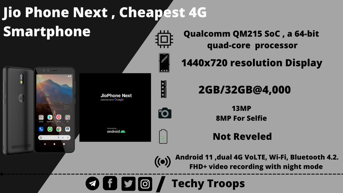 TechyTroops's tweet photo. Jio Phone Next Specification And Price 
Reliance Jio has announced that the smartphone will be available for purchase beginning on September 10 
Comment Your thoughts and Follow us 
Follow us - https://t.co/VN3ySYfv4K

#JioPhoneNext #jio #jiosmartphone #smartphone #jiophone https://t.co/0L5k2NpxVn