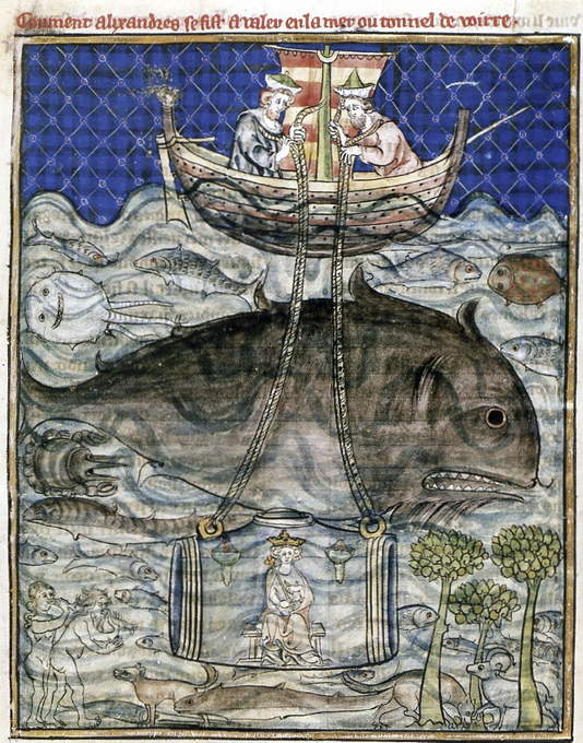 Büyük İskender'in su altı maceraları özellikle Ortaçağ'da Alman eserlerde işlendi. Aristo'nun öğrencisi Büyük İskender'in su altı yaşamı merak etmesi ve camdan bir küre yaptırarak su altını keşfi