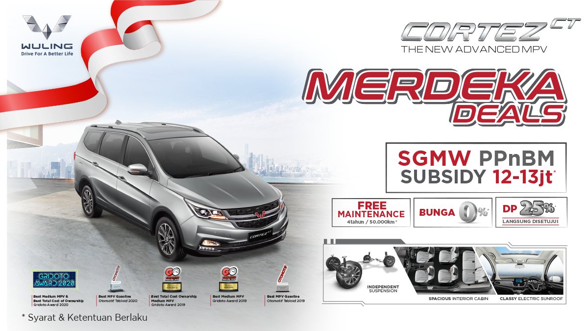 WulingMotorsID's tweet photo. Dalam merayakan hari kemerdekaan, Wuling ingin berikan paket spesial ‘Merdeka Deals’ biar nggak pusing buat upgrade mobil! (1)

#DriveForABetterLife #WulingMerdekaDeals #AlmazRS #CortezcT #CortezCTTypeS #NewConferoS #NewConfero #Formo #WINdonesia #RayakanMerdekamu https://t.co/oLizv7qSGr