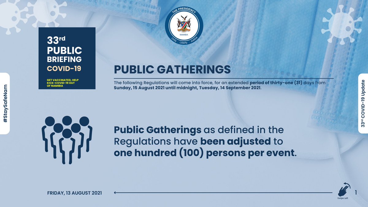 NamPresidency's tweet photo. The following Regulations will come into force, for an extended period of thirty-one (31) days from Sunday, 15 August 2021 until midnight, Tuesday, 14 September 2021.
#StaySafeNam #YearofResilience https://t.co/rylqpyO5OY