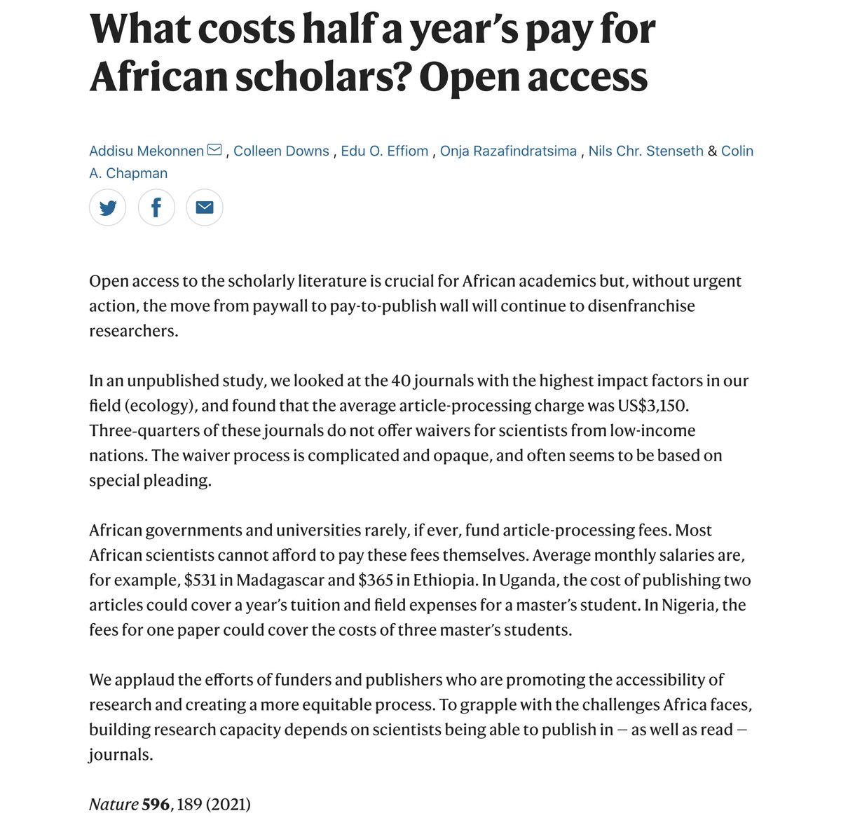 _HannahRitchie's tweet image. If you were not yet convinced of the need for open-access academic journals:

Publishing one article can be equivalent to half a year's pay for African scholars.

nature.com/articles/d4158…