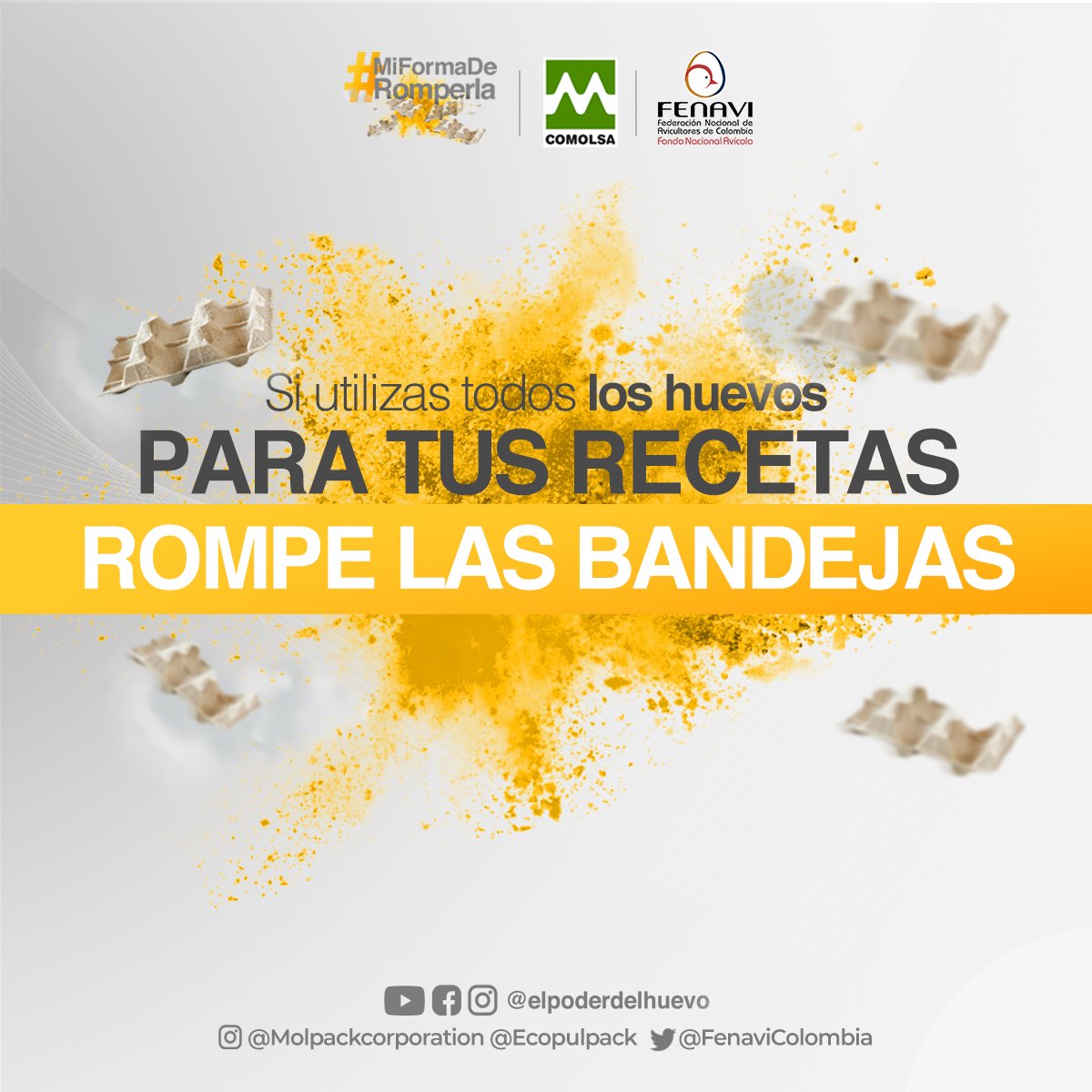 MolpackCorp's tweet photo. Hoy #DomingoDeCocina cuando termines de utilizar todos los HUEVOS para tus recetas favoritas, rompe la bandeja. Encuentra las problemáticas de la reutilización de bandejas en YouTube @ElPoderdelHuevo #RompeLasBandejas #ColombiaLaRompe #BandejasDeHuevos #Comolsa #Ecopulpack https://t.co/VlBwMBwJQl