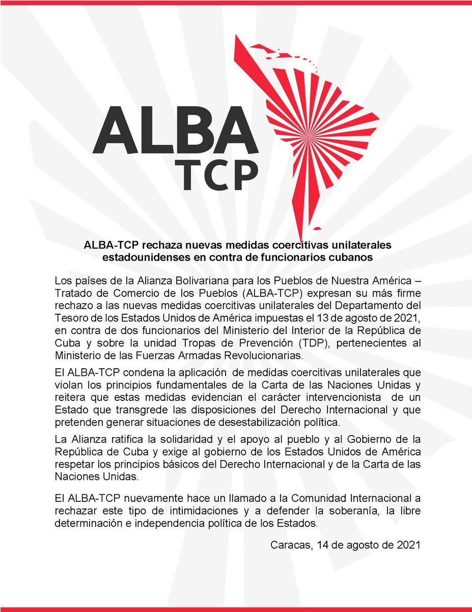 Agradecemos a los países del @ALBATCP por firme rechazo ante nuevas medidas coercitivas unilaterales del Dpto. del Tesoro EEUU vs funcionarios e instituciones cubanas. Si EEUU respetara principios básicos del Derecho Internacional y de la Carta de @UN, pondría fin al bloqueo.