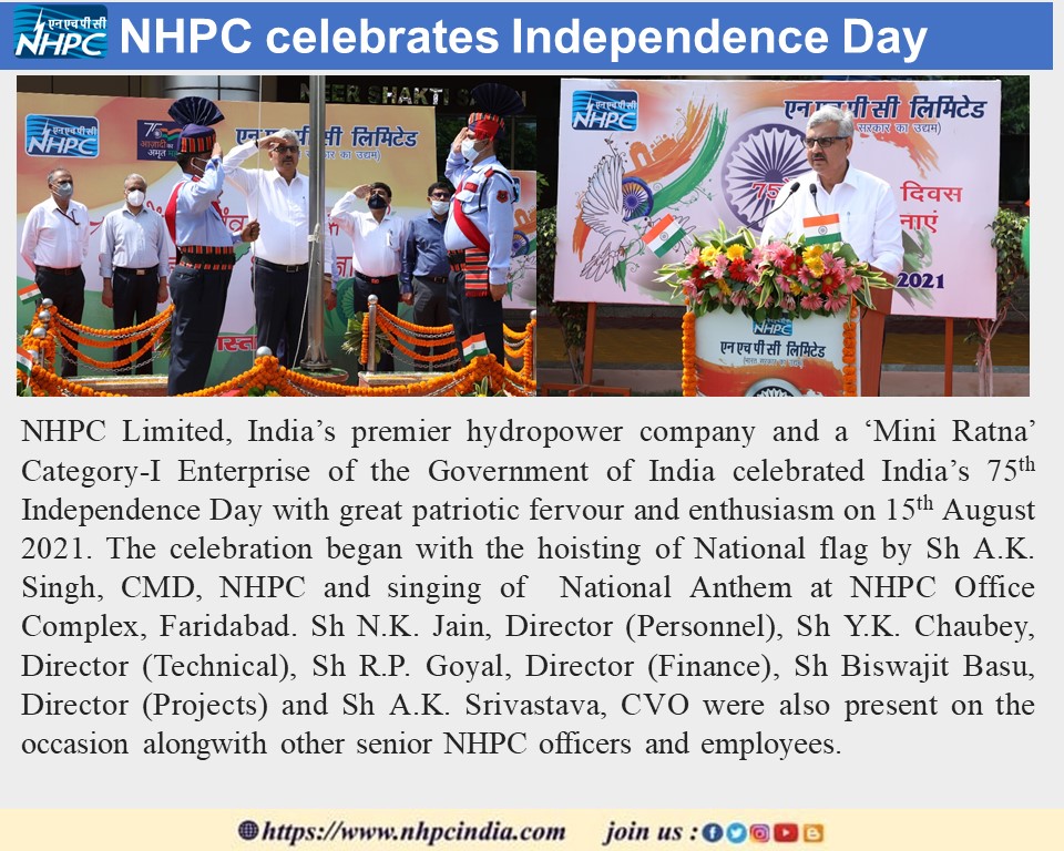 nhpcltd's tweet photo. NHPC celebrates Independence Day.
#Hydropower #nhpclimited
#IndependenceDay #happyindependenceday #independencedayindia #15August2021 #75thIndependenceday #75thIndependenceDayCelebration https://t.co/RGDA7vXjg8