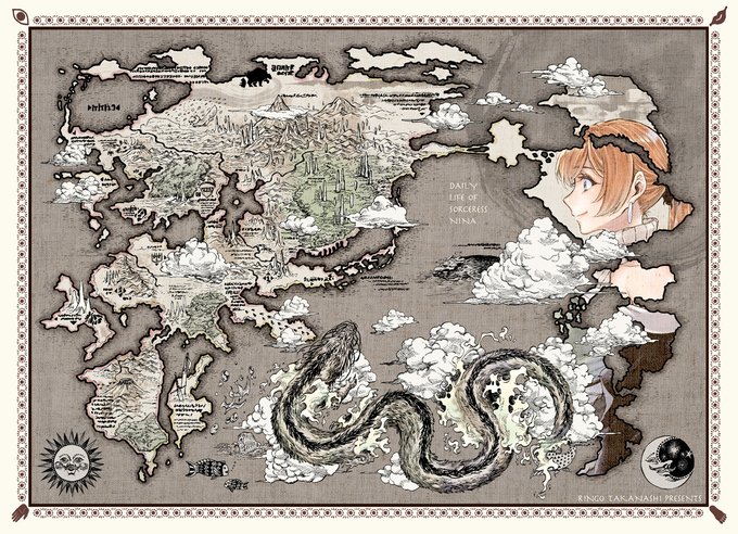 単行本キャンペーンのプレゼント用大判ポスターの元イラストです。世界地図をデザインがてら作成しました。4枚目は別で描いたニーナの元イラスト。
#ニーナさんの魔法生活 