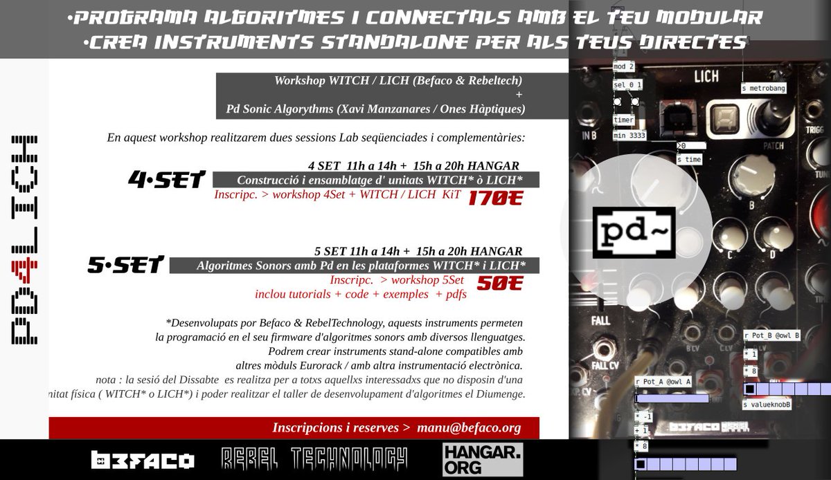 Xa.Manzanares 🍉 (@txa) on Twitter photo Entusiastes dels Sint.Modulars i dels algoritmes sònics , aquesta és la vostra >
Workshop 4+5 SET BCN <a href="/Hangar_org/">Hangar.org</a>
+ info inscripcions al banner
cc <a href="/BefacoJP/">Befaco JAPAN</a> <a href="/Befaco/">Befaco</a> <a href="/OneDroneDay/">One Drone Day {ODD} </a> <a href="/modulargridNET/">MODULARGrid</a> <a href="/OH_Lab/">OnesHàptiques.Bot</a>
#eurorack #modularsynth #puredata #algorythms Entusiastes dels Sint.Modulars i dels algoritmes sònics , aquesta és la vostra >
Workshop 4+5 SET BCN <a href="/Hangar_org/">Hangar.org</a>
+ info inscripcions al banner
cc <a href="/BefacoJP/">Befaco JAPAN</a> <a href="/Befaco/">Befaco</a> <a href="/OneDroneDay/">One Drone Day {ODD} </a> <a href="/modulargridNET/">MODULARGrid</a> <a href="/OH_Lab/">OnesHàptiques.Bot</a>
#eurorack #modularsynth #puredata #algorythms