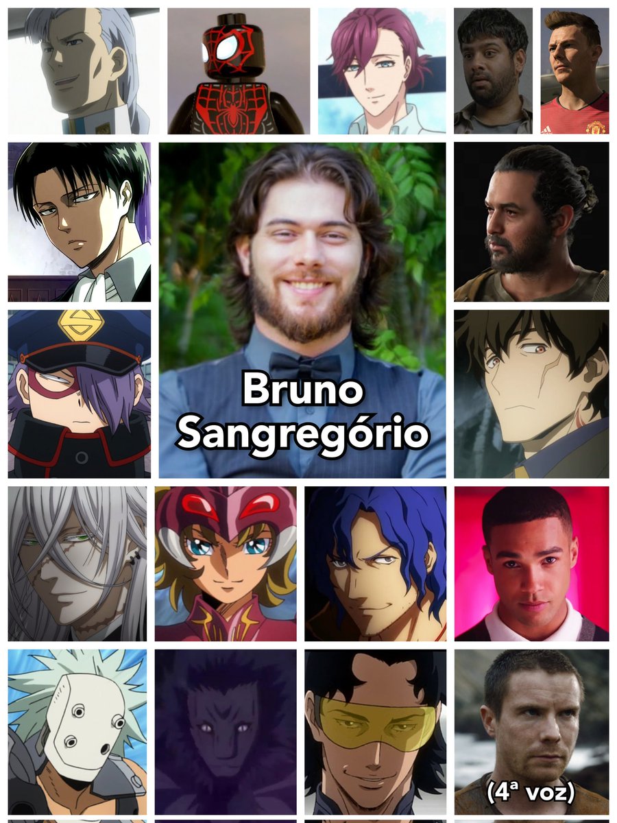 Personagens Com os Mesmos Dubladores! on X: Um dos mais fenomenais  dubladores de destaque nos últimos anos, Bruno Sangregório é um  profissional excelente! Bruno é conhecido por dublar o Levi Ackerman em