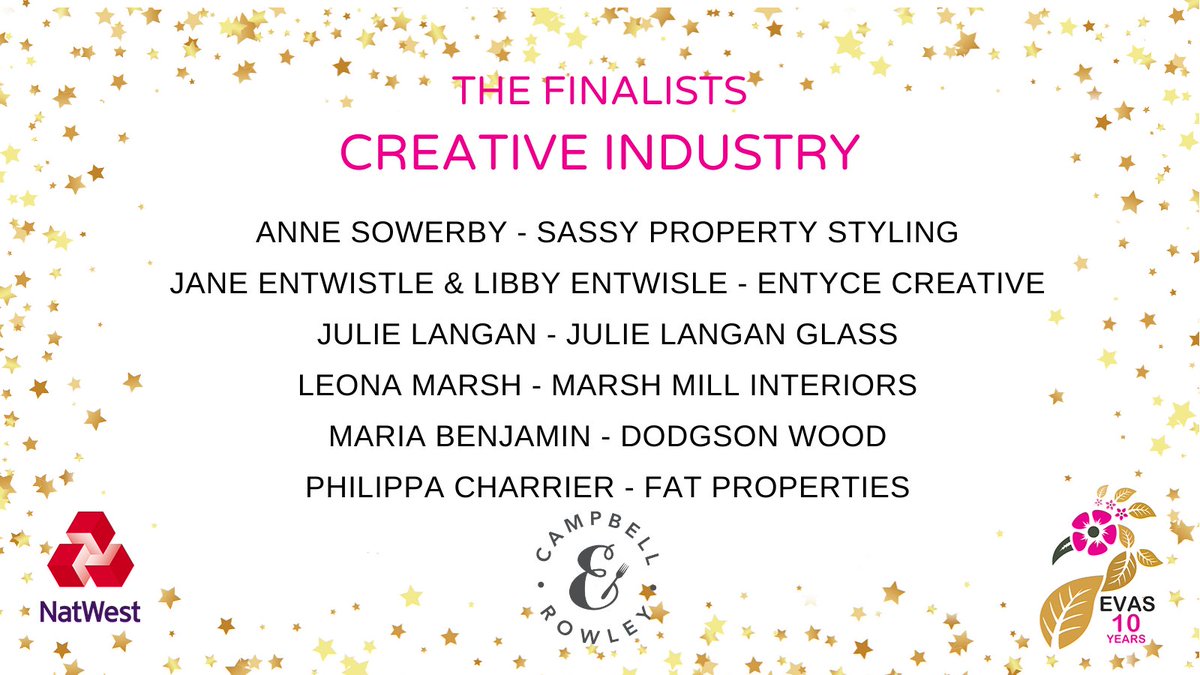 Eva_Awards's tweet photo. Congratulations to our 10th Anniversary Enterprise Vision Awards Creative Industry Finalists - #EVAS10
Thank you to our sponsor @campbellrowley event caterer to the EVAS. #BusinessAwards #WomeninBusiness
https://t.co/nQspSZPbnT https://t.co/0qag7THxvi