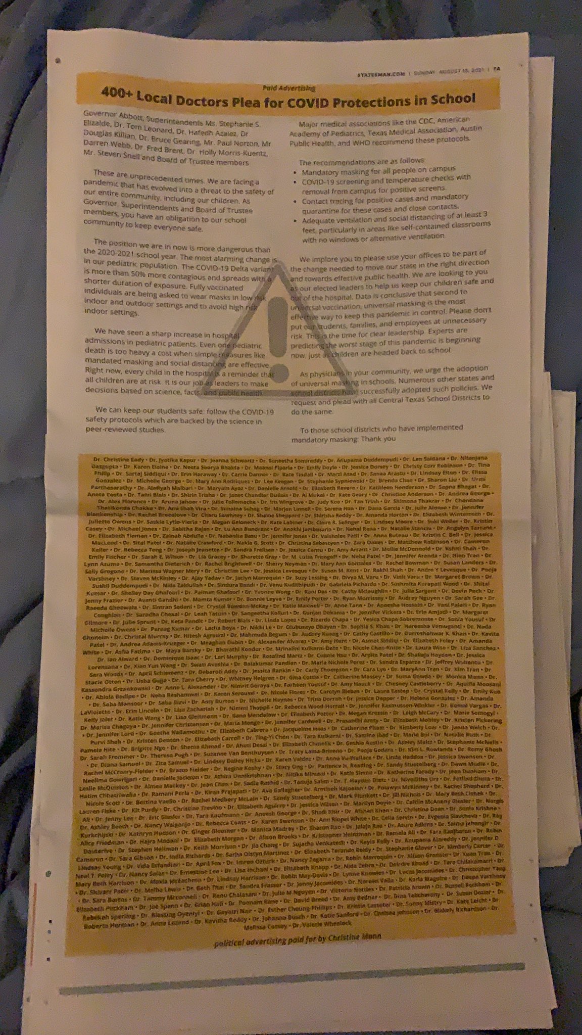 Dr Christine Eady Mann On Twitter I Spent The Last Week Gathering Local Physician Sponsors To Sign On To Place An Ad In The Austin American Statesman Pleading With Local Isds To