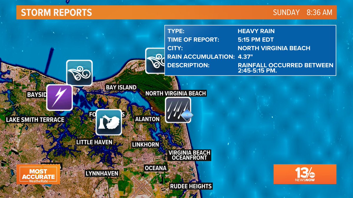 PaytonDomschke's tweet photo. STORM REPORTS from yesterday | all of these came in from one of our most populous areas -- near #FortStory, #Alanton, &amp; #BayIsland in #VirginiaBeach⬇️⚡🌩️

@13NewsNow #13Weather #13Daybreakers #VAwx @VisitVaBch https://t.co/hF8dAyQoBj