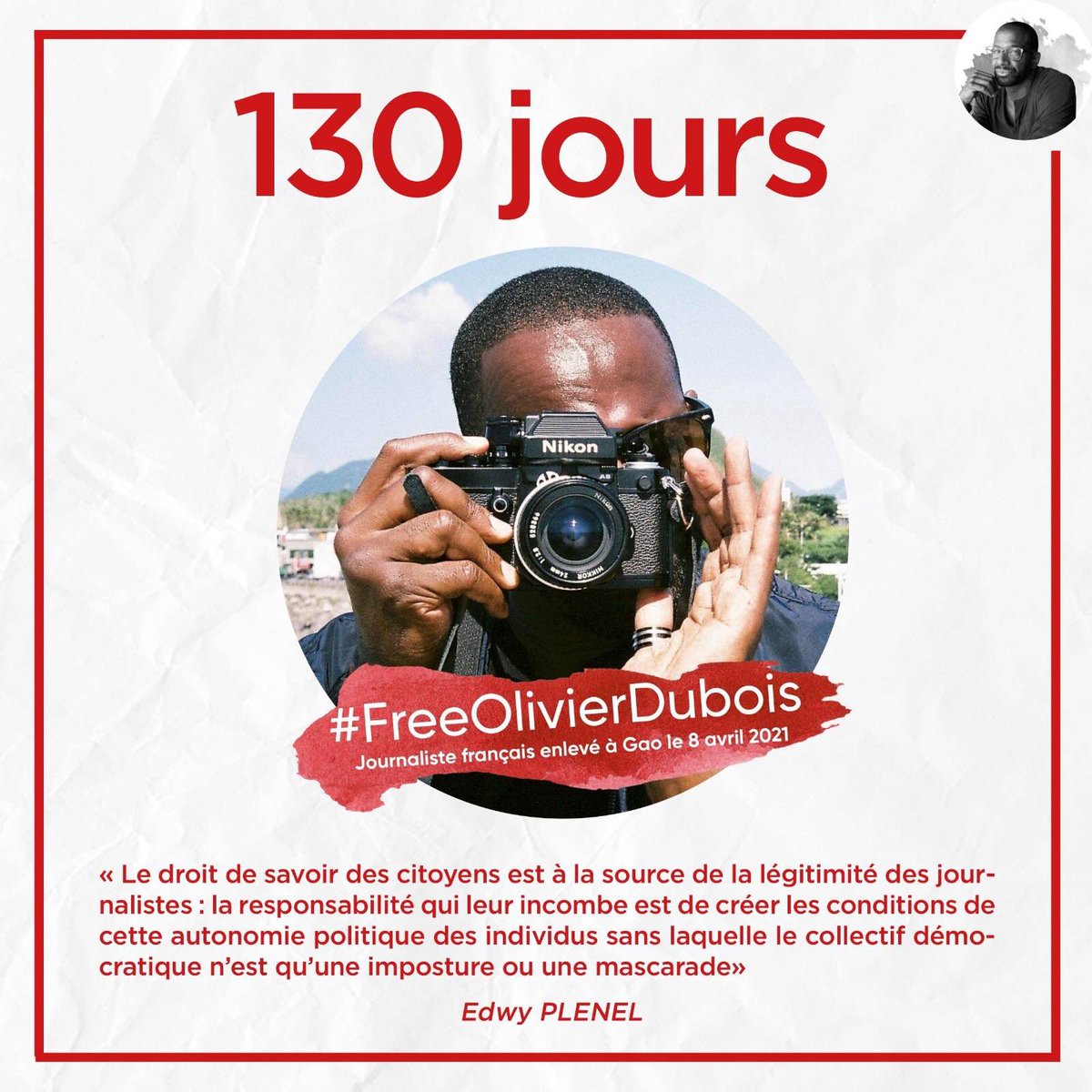 FreeOlivierDub1's tweet photo. Cela fait 130 jours que le journaliste Olivier Dubois est détenu. 
Il est le seul otage français connu dans le monde.

#FreeOlivierDubois
#Mali #France #Sahel https://t.co/VrluojE7M7