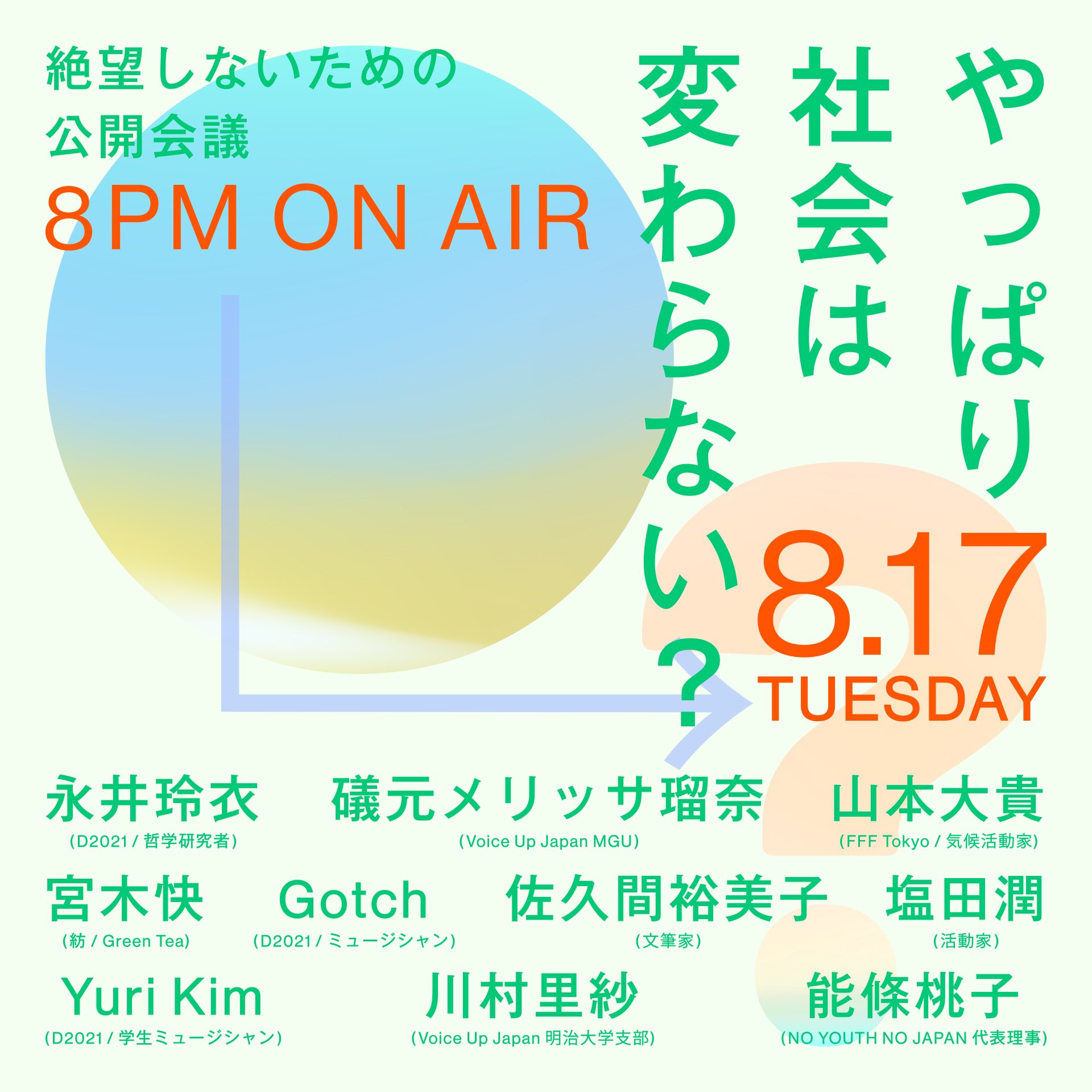 D21 出演者 永井玲衣 D21 哲学研究者 Nagainagainagai 礒元メリッサ瑠奈 Voice Up Japan Mgu Yngndfrm Voiceupjapanmgu 山本大貴 Fff Tokyo 気候活動家 Yamamotodaiki Fff Tokyo 宮木快 紡 Green Tea 1998kg519 Tsumugi2690
