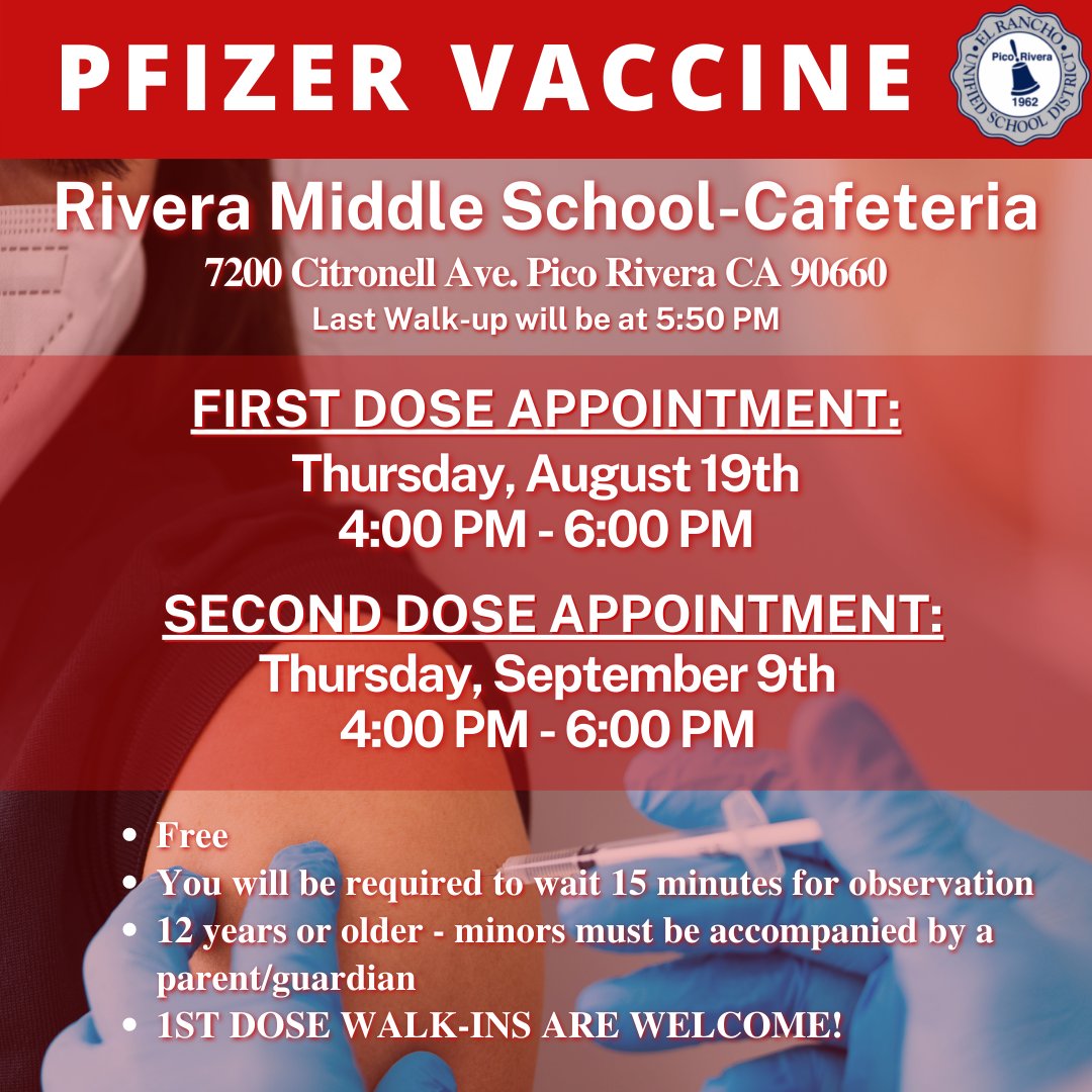 Free COVID-19 vaccines to people 12 and over, no health insurance required. Our next clinic is Thursday, Aug 19, at RMS Cafeteria 4-6PM. Walk-ups welcome! Appointments fill up fast - schedule your appt here: ow.ly/Nwr950FOoyX and choose Rivera Middle School.