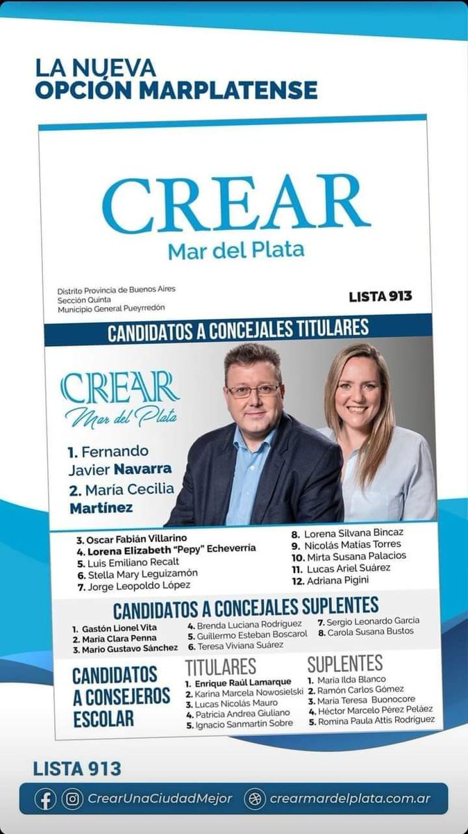 ¡ Somos la opción que va a cambiar Mar del Plata, somos la alternativa a la grieta ! #CrearUnaCiudadMejor #lista913 Fernando Navarra María Cecilia Martínez