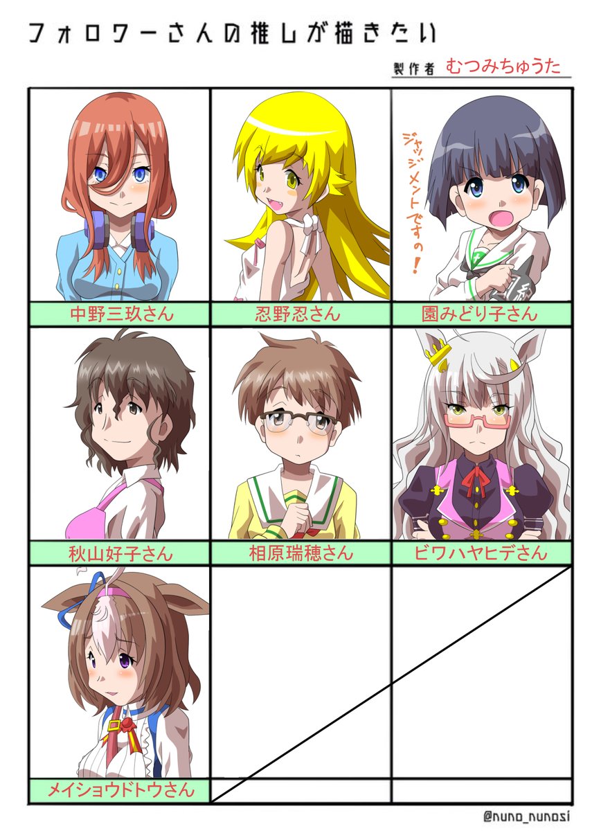 #フォロワーさんの推しが描きたい 
みっしょんこんぷりーと!!
バストアップのイラストとは言え、1日半で7キャラか。遅筆な自分としては頑張った!

さておき。
今回、リクエスト頂いた皆様、お付き合い頂きありがとうございました。 